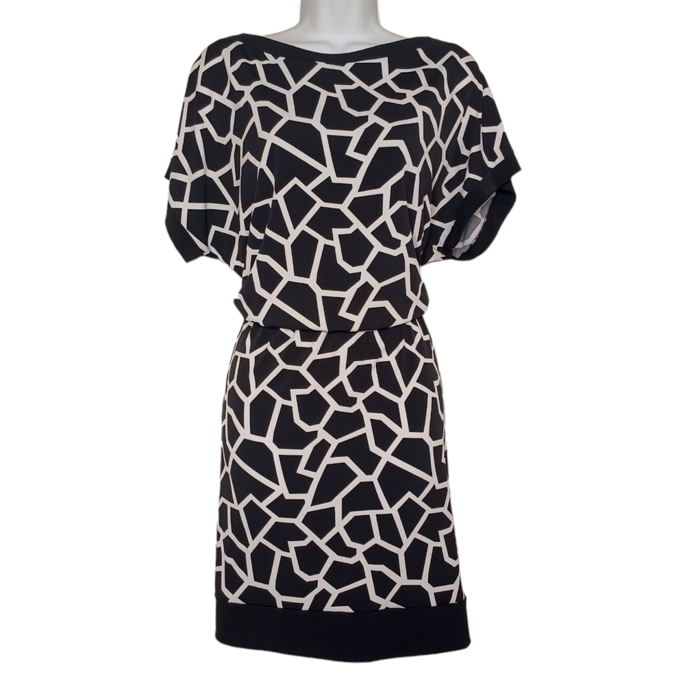 ALFANI White Geometric Print Black Sheath Mini Dress Large